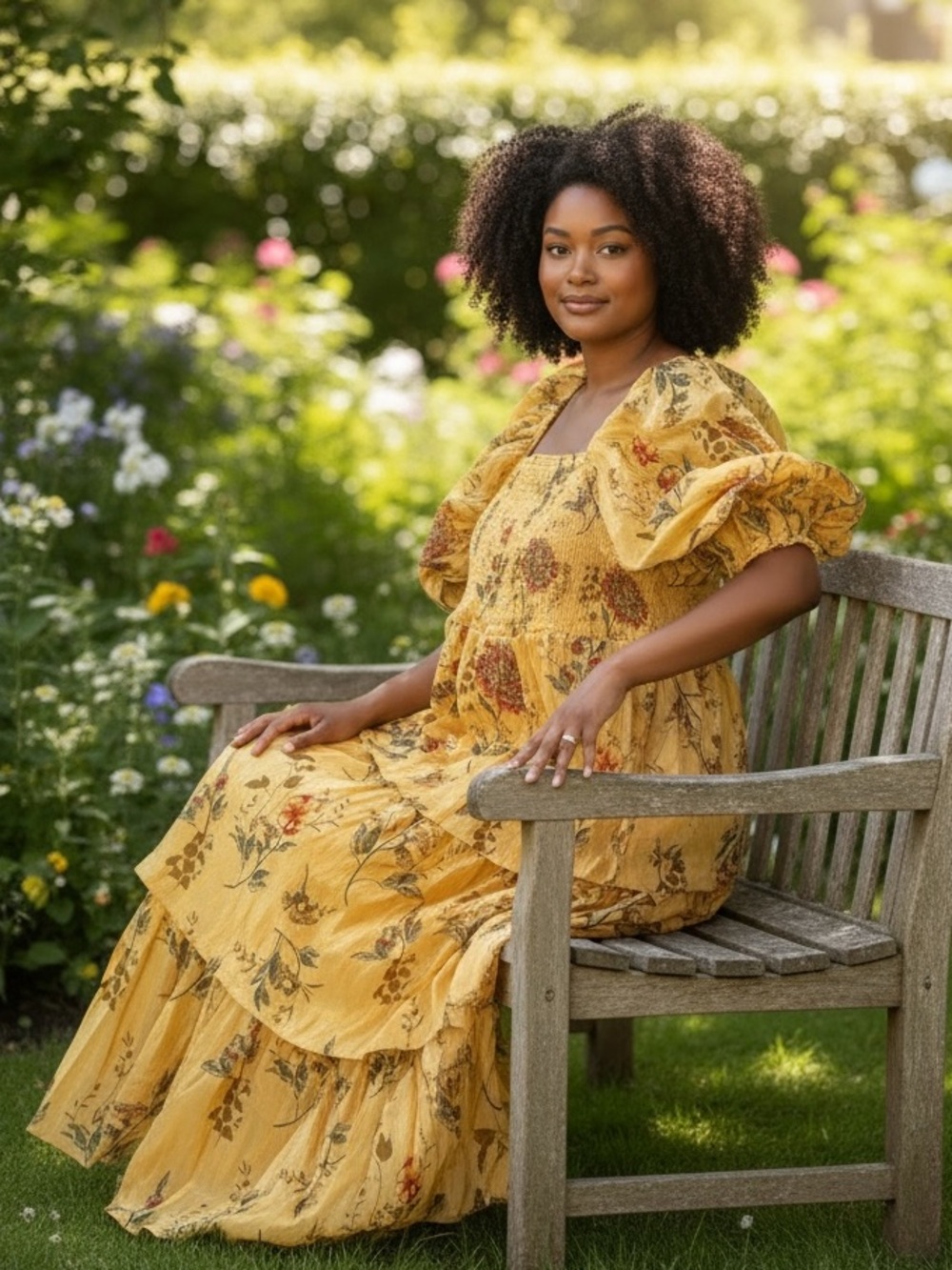 JGEE Yellow Floral Puff Sleeve Smocked Bodice Maxi Ruffle Dress